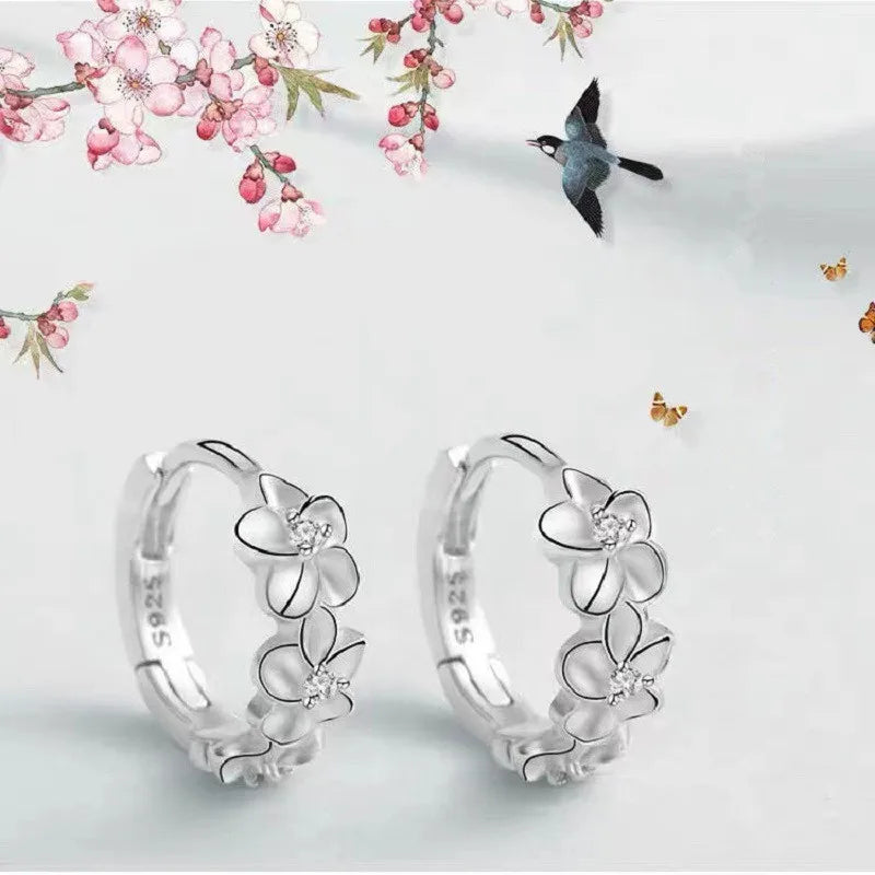 New Korea Trendy Charm Crystal Zircon Flower Hoop Earrings for Women Luxury Silver Color Stainless Steel Dangle Earring Jewelry