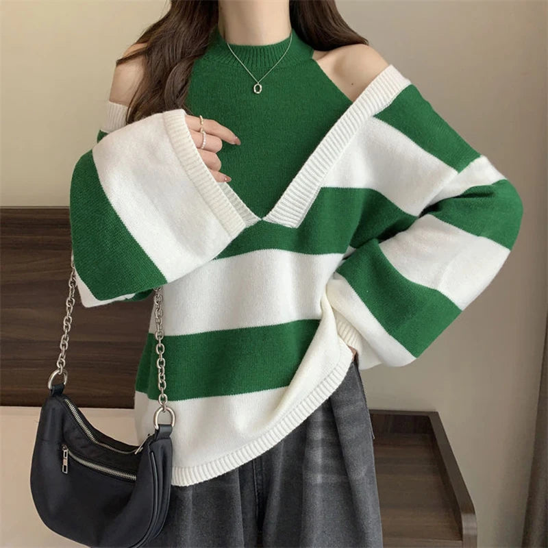 Y2K Stripe Halter Women Sweaters Korean Knitted Loose Patchwork Female Pullovers Autumn Preppy Style All Match Chic Ladies Tops