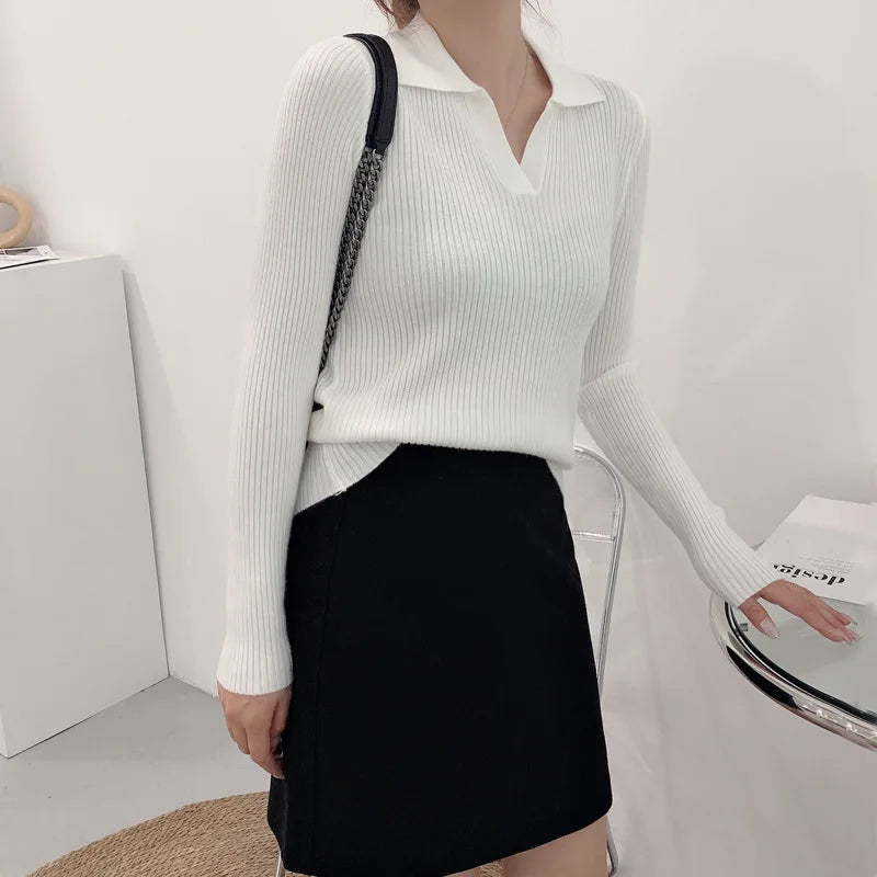 AOSSVIAO 2024 Women's Autumn Winter Pullover Solid Base All Match Sweater Lapel Polo Neck Knitted Bottoming Top