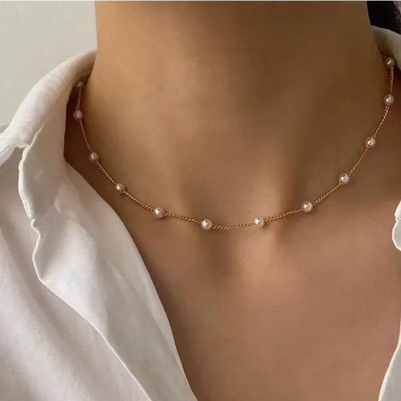 2024 New Beads Women's Neck Chain Kpop Pearl Choker Necklace Gold Color Goth Chocker Jewelry On The Neck Pendant Collar For Girl