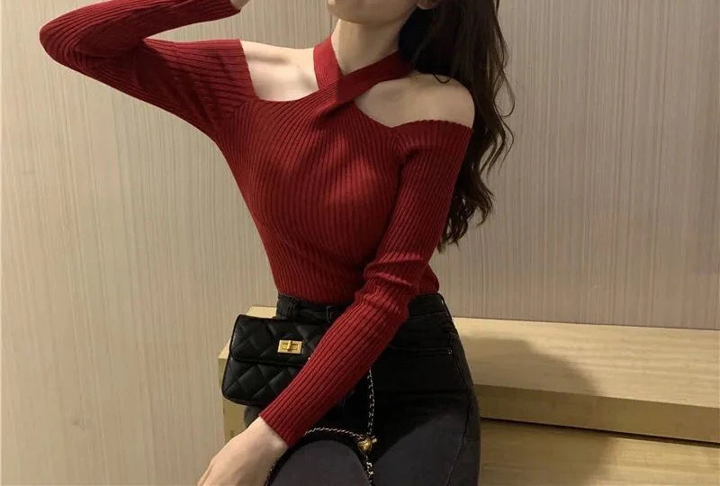 Women Off Shoulder Jumpers Knit Long Sleeve Warm Pullovers Cross Neck Halter Sweater Women Casual Sweater Autumn Winter 2023