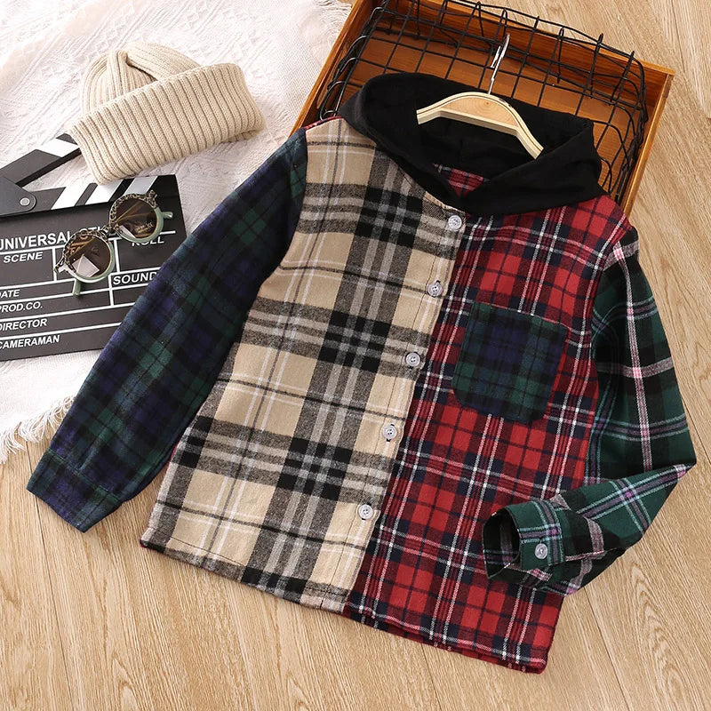 New Autumn Spring Shirts For Boys 5-12Years Children's Multi-Colored Plaid Shirt With Hooded Shirt Casual Shirt For Fashion Boys