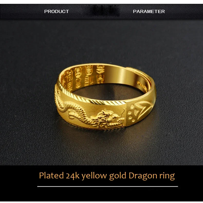 24k Gold Ring for Man Luxury Engraving Dragon Adjustable Ring Fashion Jewelry Male Two Color Yellow/White Gold Finger Ring Gift