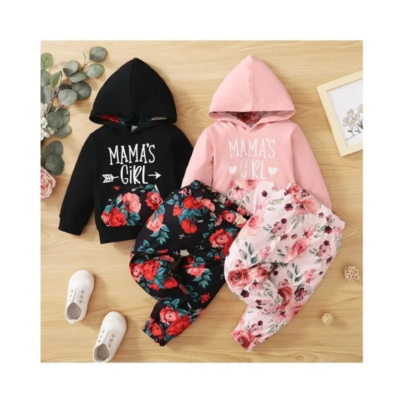 2PCS Kids Girl Clothes Set Letter&Floral Print Long Sleeve Hooded Top+Pants Fashion Lovely Outfit for Children Girl 1-4 Years