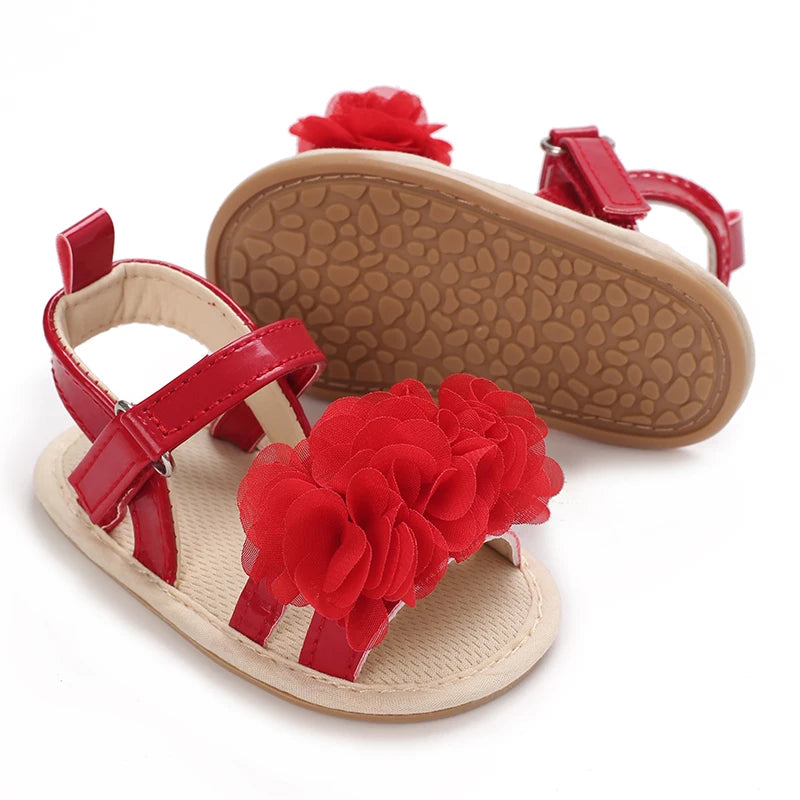 Summer baby girl sandals red festive and cute flower baby shoes soft rubber soles comfortable and casual baby walking shoes