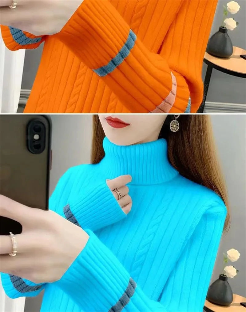 2023 Autumn Winter Women Turtleneck Sweater Soft Pullovers Loose Warm Elasticity Long Sleeved Knitted Sweater Jumper Female Tops