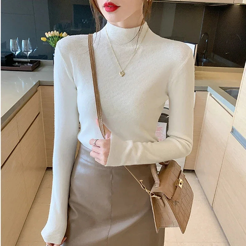 Autumn Turtleneck Sweater Women Fashion Stretch Tops Women Knitted Pullovers Long Sleeve Bottoming Knitted Sweater