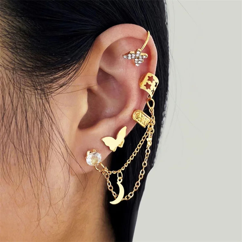 Gold Silver Color Leaves Clip Earrings for Women Creative Simple C Butterfly Ear Cuff Non-Piercing Ear Clip Set Trendy Jewelry