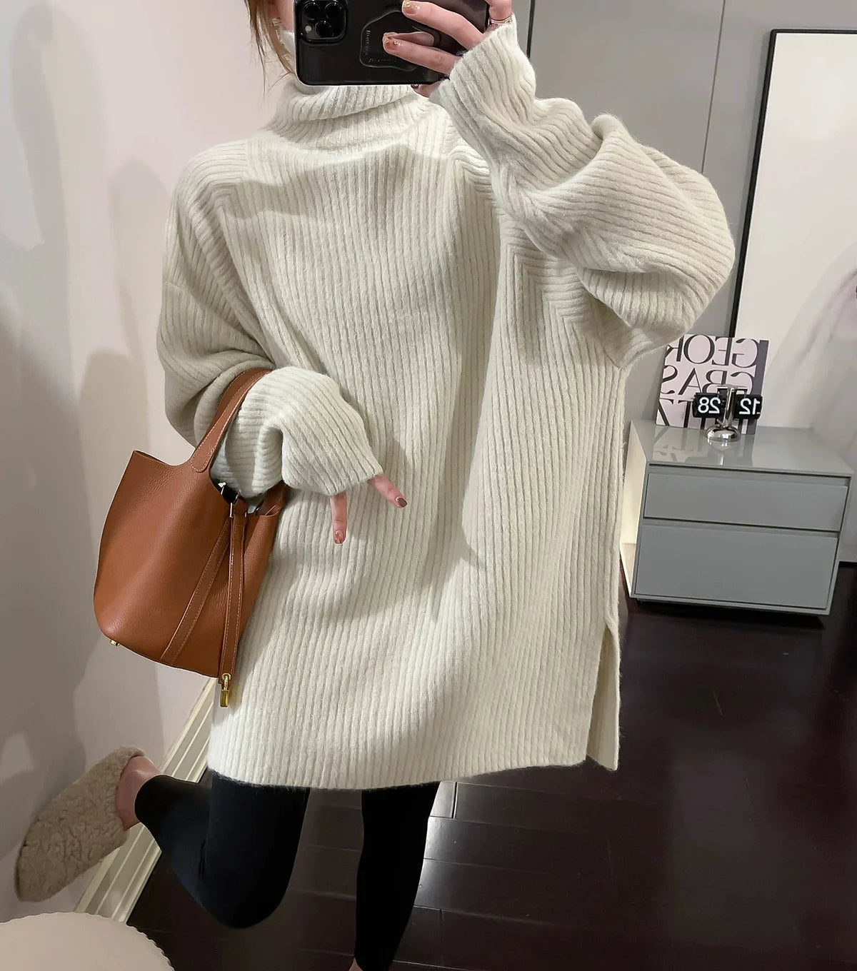 Women Simple Casual Oversized Turtleneck Knitted Sweater 2023 Autumn Winter Trendy Split Long Sleeve Pullover Tunic Tops Jumpers