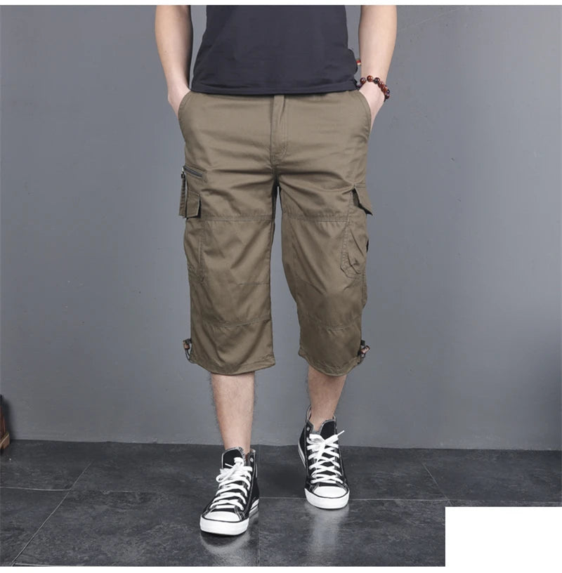 Long Length Cargo Shorts Men Summer Multi-Pocket Casual Cotton Elastic Capri Pants Men Military Tactical Short Hot Breeches 5XL