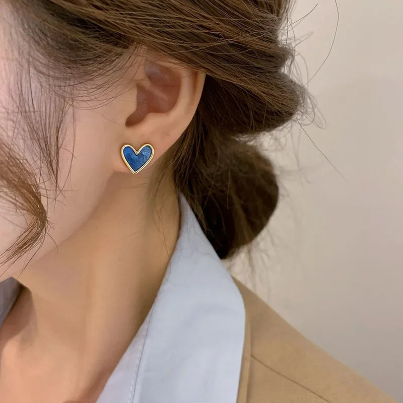 Cute Korean Earrings Heart Bling Zircon Stone Blue Color Stud Earring for Women Fashion Designer Jewelry 2024 Aretes De Mujer