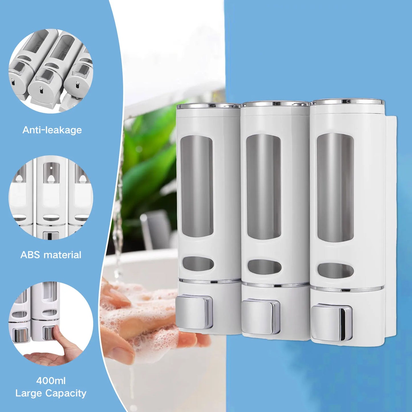 2Pcs/3Pcs 400ml Shower Soap Dispenser Wall Mounted Shampoo and Conditioner Dispenser Adhesive Handwashing Fluid