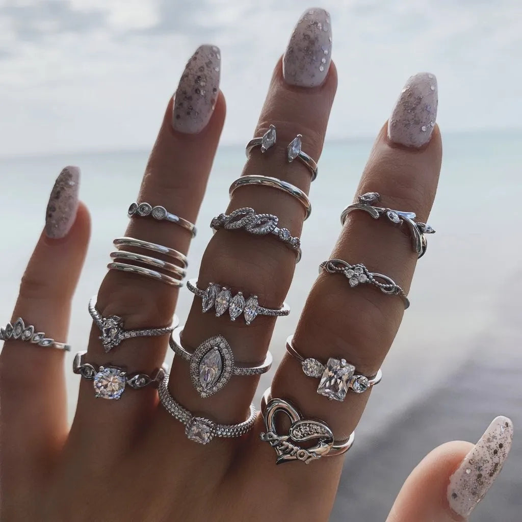 LATS 10Pcs Rings Suit For Women Silver-color Chain Ring Set Bohemian Style Coin Snake Moon Star Party Trend Gift Jewelry