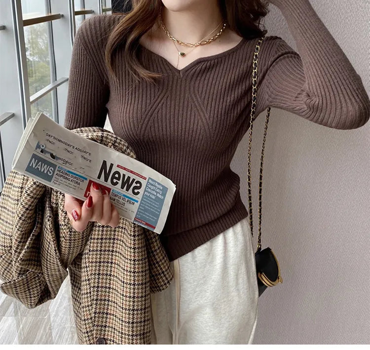 ITOOLIN Women Slim V-Neck Bottoming Sweater Autumn Winter For Women Casual Pullovers Long Sleeve Knit Warm Office Sweater 2024