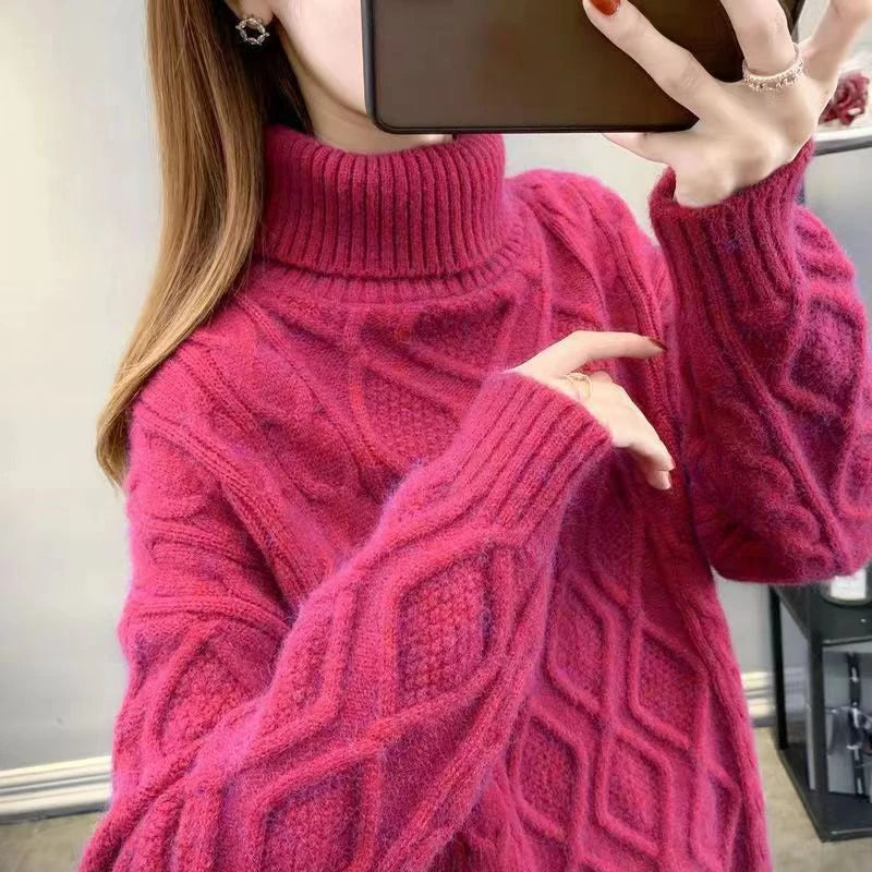 Women's Turtleneck Sweater Fall Winter New Loose Warm Knit Pullover Tops Candy Colors Knitwear Jumper Korean Soft Casual Poleras