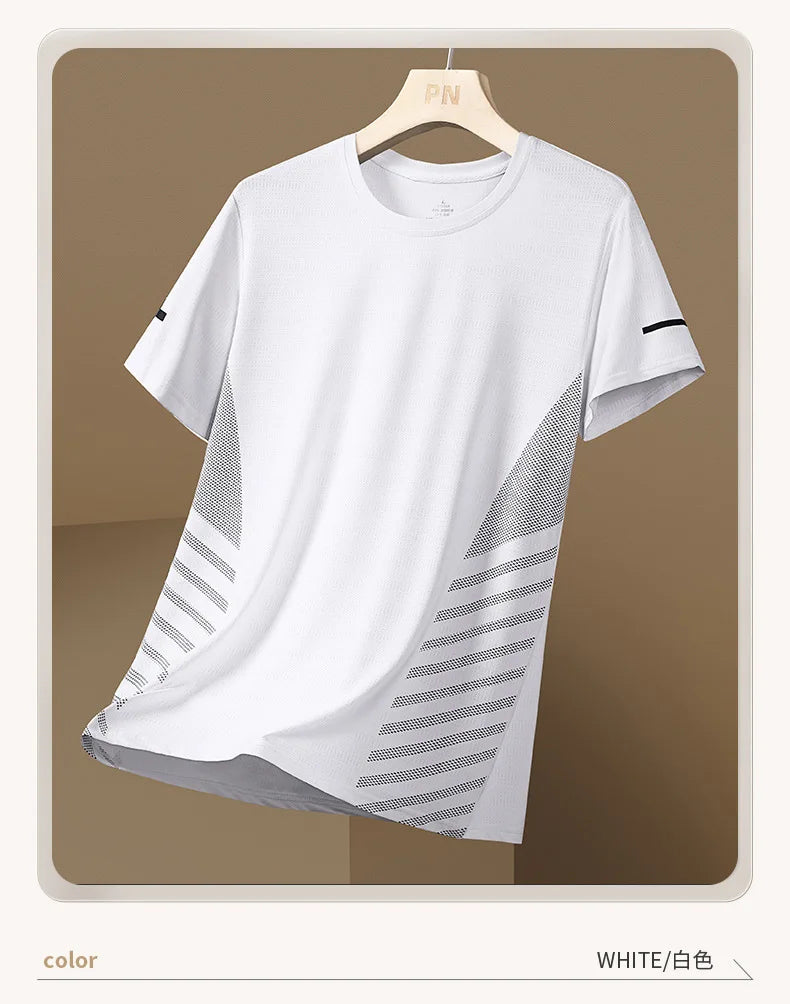 Running T-shirt Men Summer Ice Silk Thin Mesh Tops Reflective Print Quick Dry Short Sleeve Casual Elastic Fitness Sports Shirts