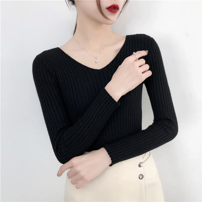 Autumn Winter Knitted V Neck Women Sweaters Casual Long Sleeve Pullover Soft Warm Sweater Femme Fashion Basic Solid Jersey Tops