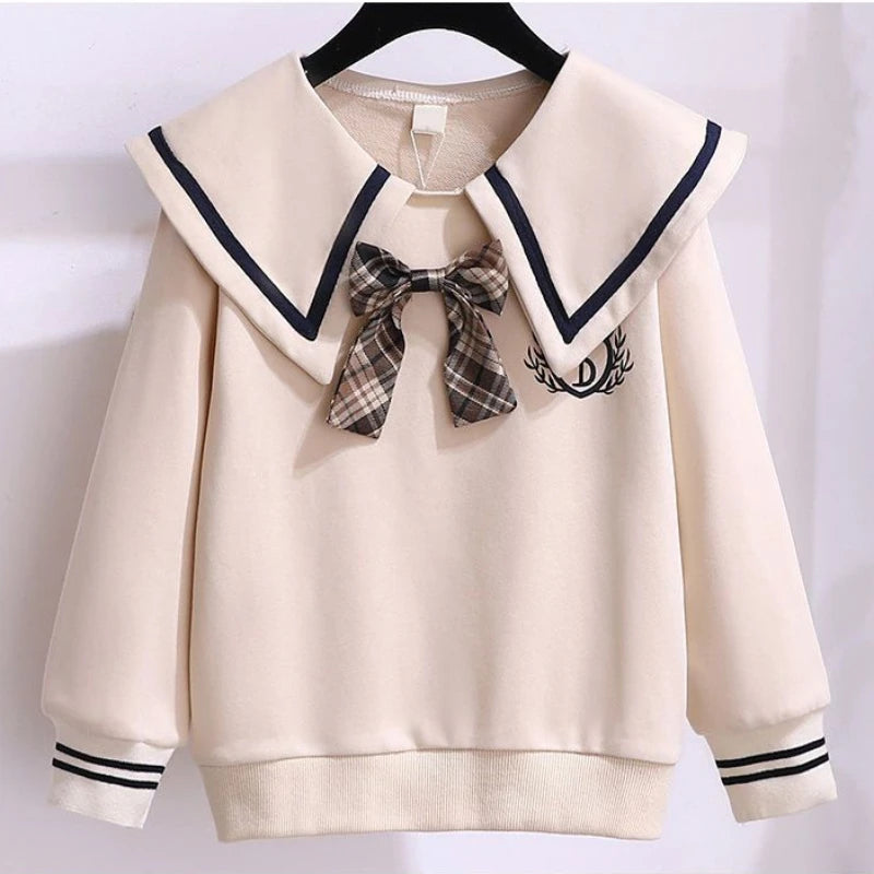 Winter Teenage Girl Clothes Sailor Collar Knitted Sweater and Plaid Pleats Skirts Set Children Top and Bottom 2 Pieces Outfits