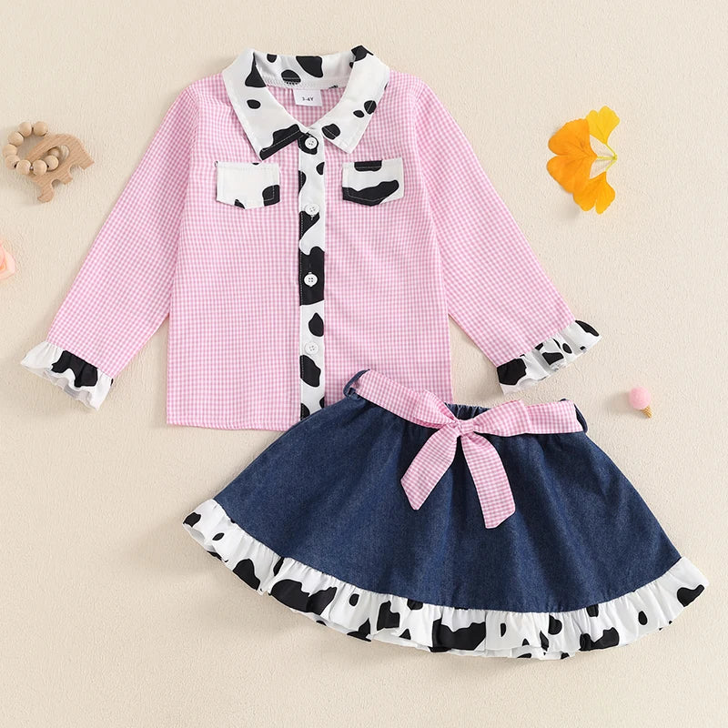 Fall Kids Clothes Girl Fashion Cow Print Plaid Lapel Neck Ruffled Long Sleeve Button-up Shirt Denim Skirt Children Clothing