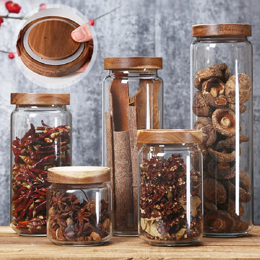 1 PC Small Glass Storage Jars with Airtight Lids, Coffee Container with Wooden Lid, Glass Pantry Canister for Beans, Rice,Sugar