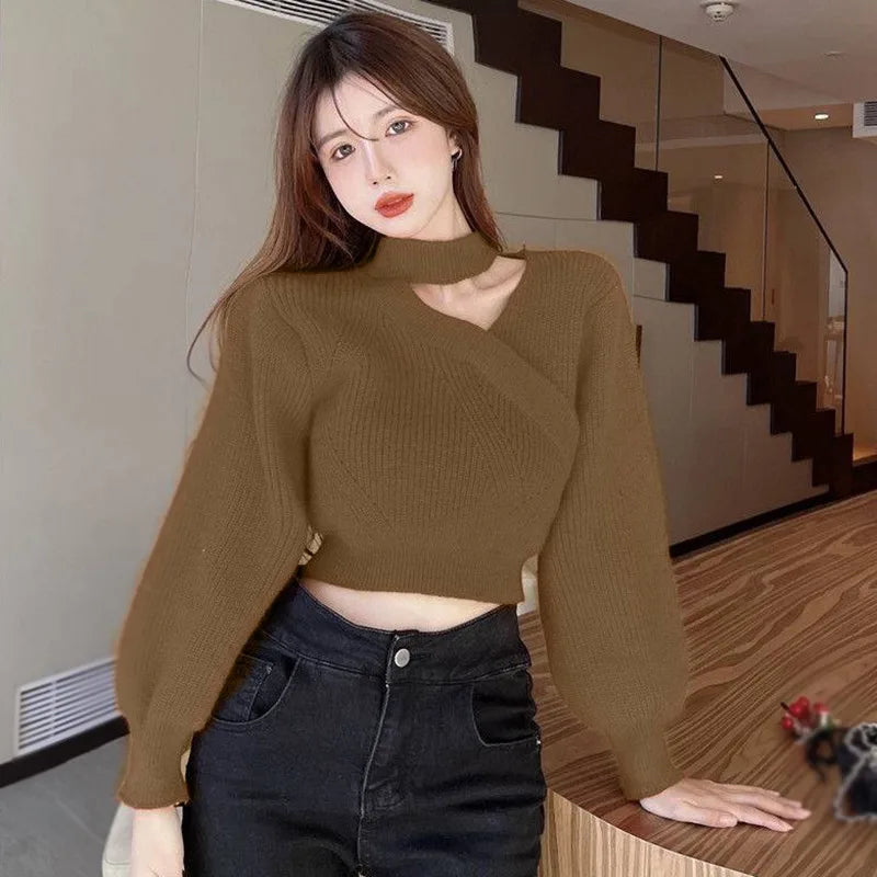 Women's Neck Hanging Solid Sweater Warm Pullover Sweater V-neck Cross Neck Off Shoulder Knitwear Tops