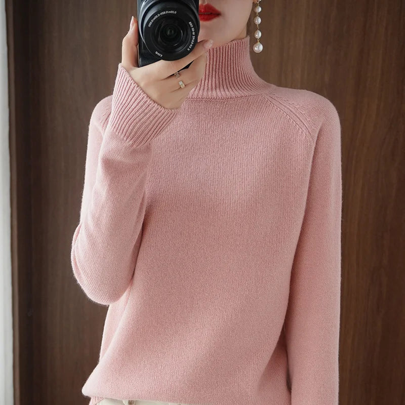 Turtleneck Merino Wool Pullover Basic Casual Cashmere Sweater Comfort Autumn Winter Women's Raglan Sleeve Clothing Tops