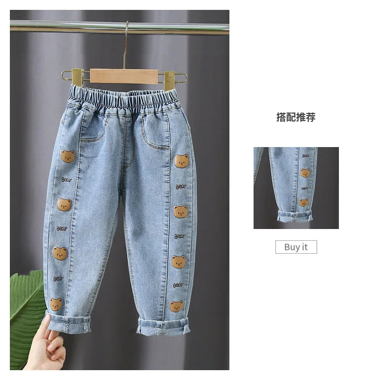 Kids Girl Jeans Floral Cartoon Long Pants Spring Autumn Graffiti Painting Print Casual Trousers with Hole Children Denim Pants