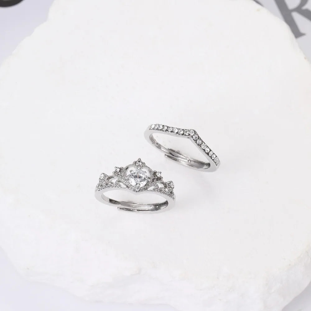 2pcs Set Crown Princess Zircon V Shape Couple Rings for Women Girls Cute Romance Opening Bride Finger Jewelry Anniversary Gift