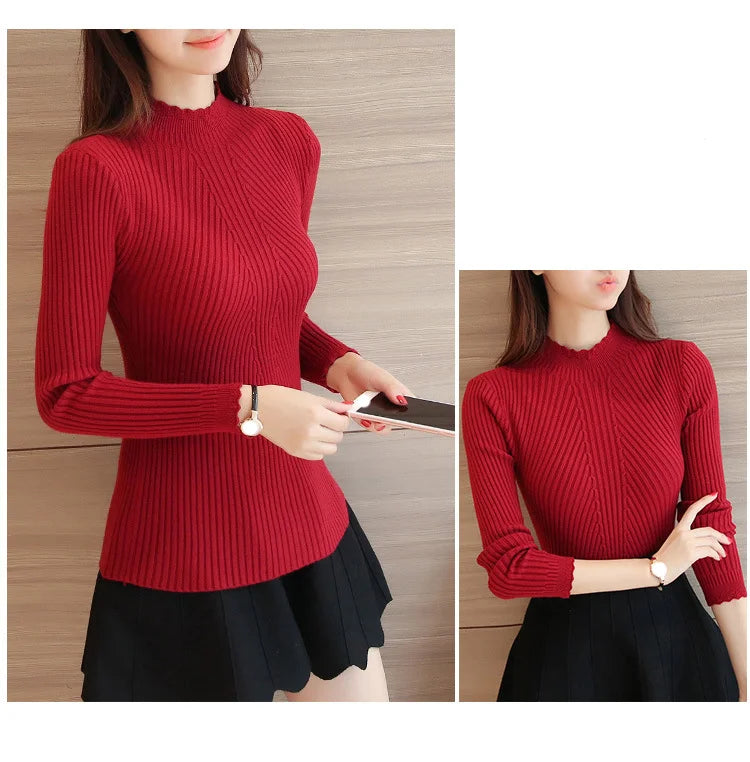 2024 Autumn Women Mock Neck Ruffles Sweater Long Sleeve Knitted Bottoming Solid Pullovers Stripe Women Casual Sweater Winter