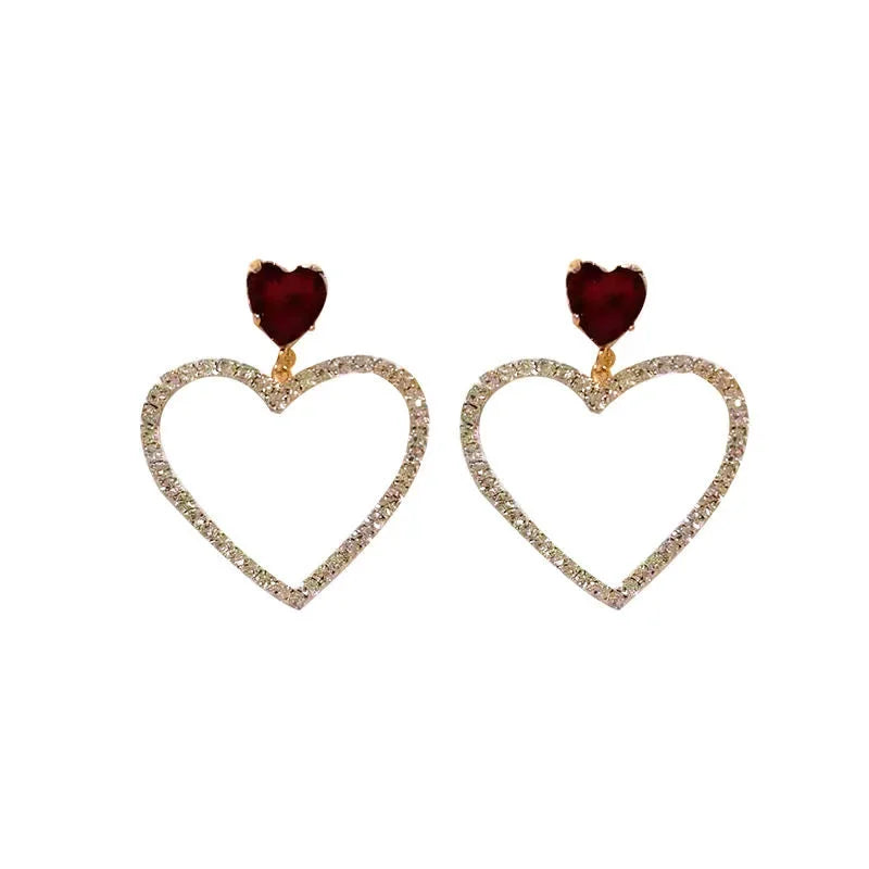 2024 Korean Fashion Jewelry Shining Rhinestone Hollow Heart Drop Earrings for Women Girls Vintage Red Crystal Earrings