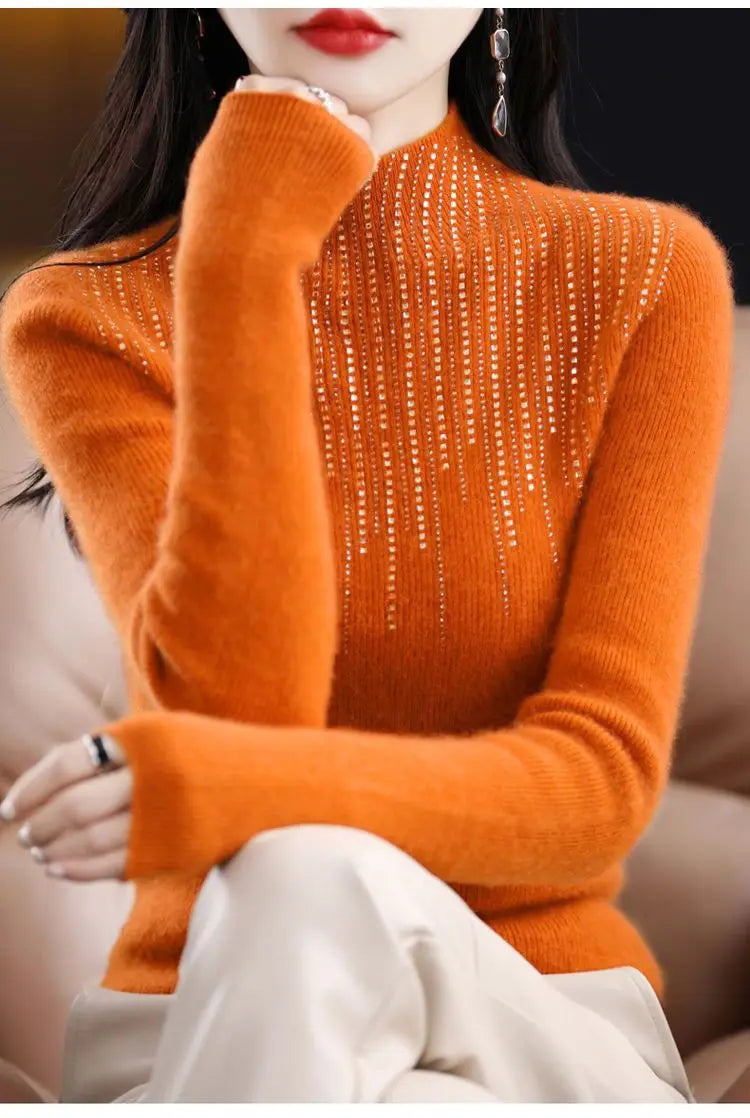 Hot Diamond Half High Neck Sweater Women's Pullover Autumn and Winter New Fit Versatile Warm Knitted Sweater Women