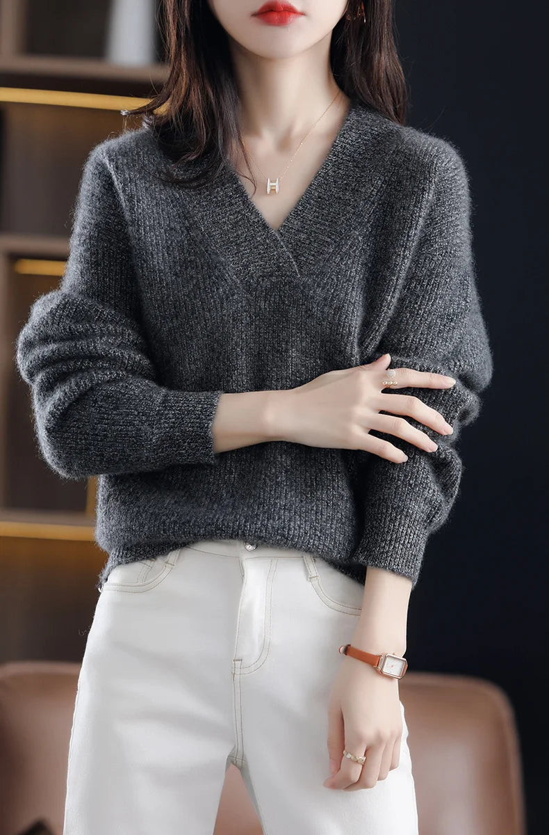 V-Neck Autumn Winter Sweater pullovers Women 2024 loose thick cashmere Sweater Pullover women oversize sweater jumper