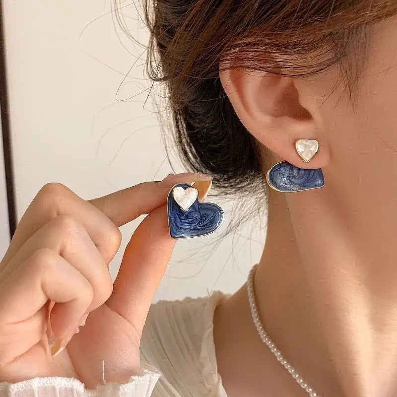 Cute Korean Earrings Heart Bling Zircon Stone Blue Color Stud Earring for Women Fashion Designer Jewelry 2024 Aretes De Mujer