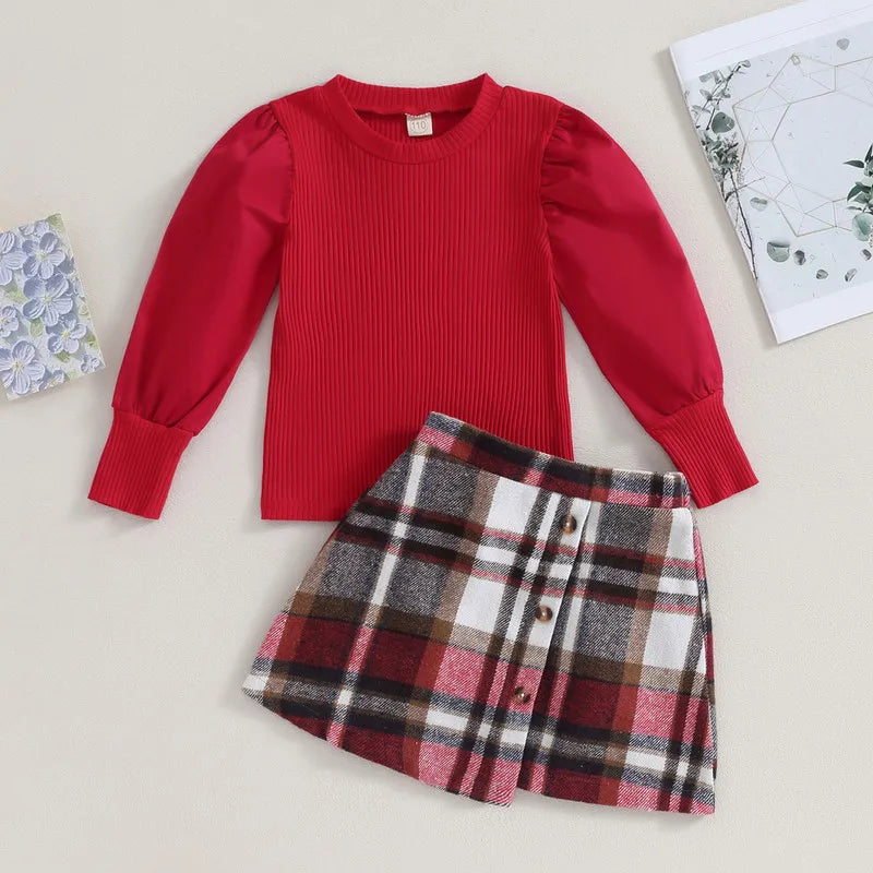 Children Girl Two Piece Skirt Sets Spring Autumn Clothes Outfits Lantern Sleeve Knit Top and Plaid Mini Skirt Set Baby Clothing