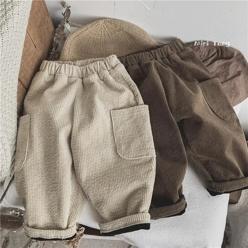 Winter Plush Warm Kids Pants 2024 Korea Style Children's Clothing Corduroy Plush Thick Warm Casual Pants for Boys Girls