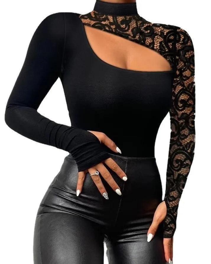 Women's Shirts 2024 Spring Autumn Sexy Off Shoulder Lace Irregular Long Sleeve Black Tops O-neck Ladies Elegant Blouse T-shirt