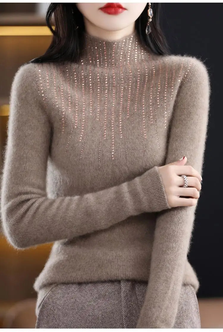 Hot Diamond Half High Neck Sweater Women's Pullover Autumn and Winter New Fit Versatile Warm Knitted Sweater Women