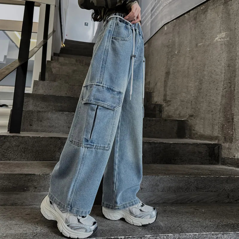 Cargo Jeans for Girls Spring Autumn Loose Casual Elastic Waist Teenage Children Wide Leg Pants Design Streetwear Kids Trousers