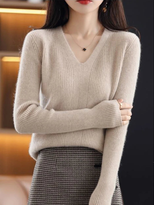 Women Wool V-neck Sweater Bottoming Jumpers Solid Autumn Winter Soft Warm Woman Sweater Knitted Basic Slim Pullovers Tops