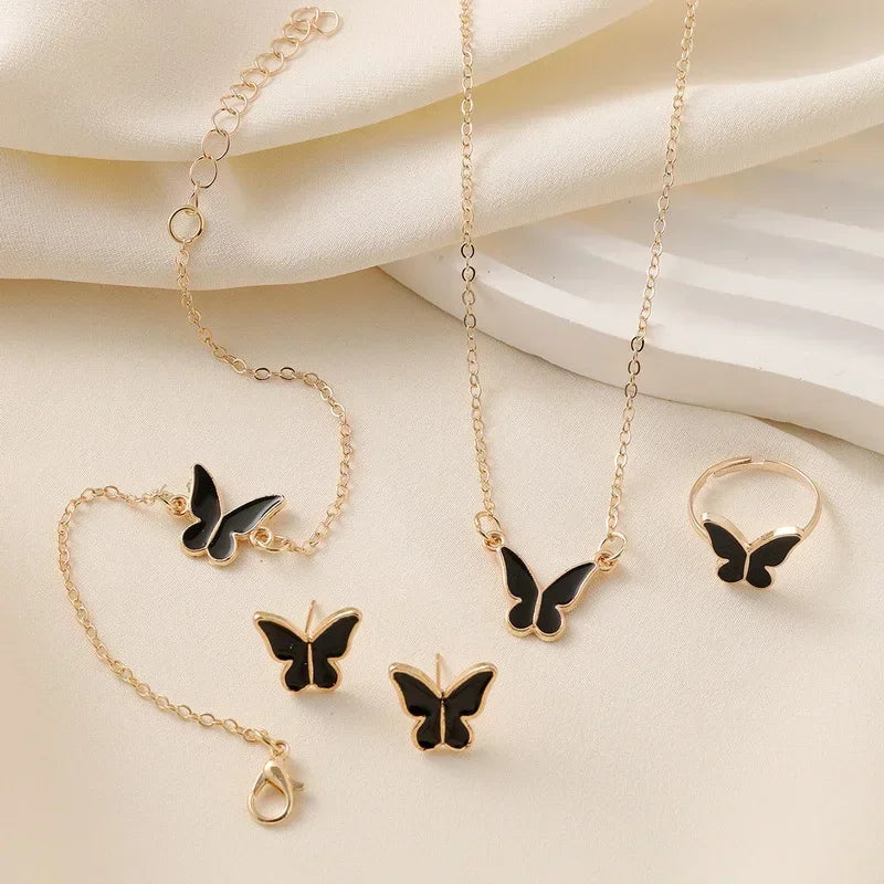 4Pcs Butterfly Jewelry Sets Pink White Romantic Bracelet Ring Necklace Earrings Set Wedding Dress Accessories Women Xmas Gift