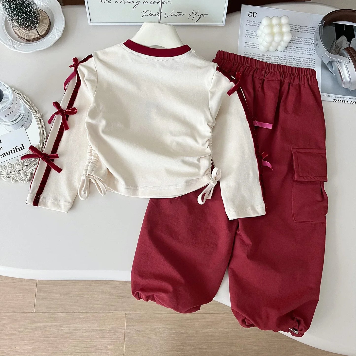 Autumn Girls Two-piece Set Printed Bow Waist Top+Solid Color Cargo Pants Toddler Girl Clothes  Kids  Kids Clothes Girls