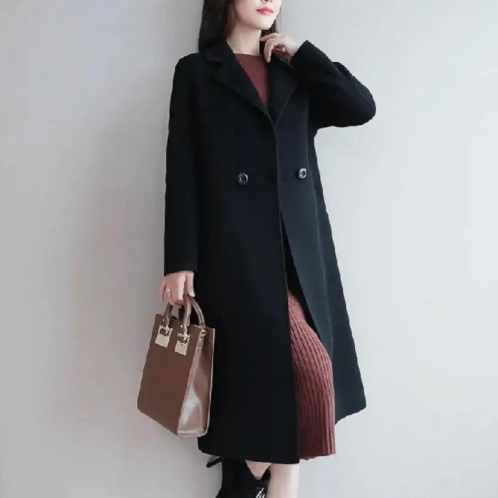 Women Woolen Coat Elegant Lapel Woolen Coat with Two Buttons Pockets for Women Stylish Mid-length Cardigan Outwear for Autumn