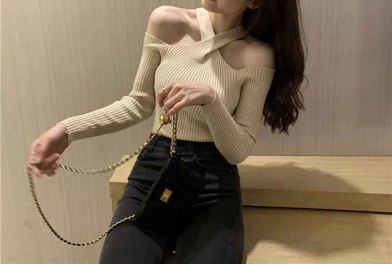 Women Off Shoulder Jumpers Knit Long Sleeve Warm Pullovers Cross Neck Halter Sweater Women Casual Sweater Autumn Winter 2023