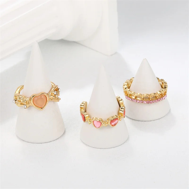 3pcs Fashion Love Heart Zircon Open Rings Set for Women Gothic Sweet Girls Geometric Finger Rings Y2K Party Jewelry Accessories