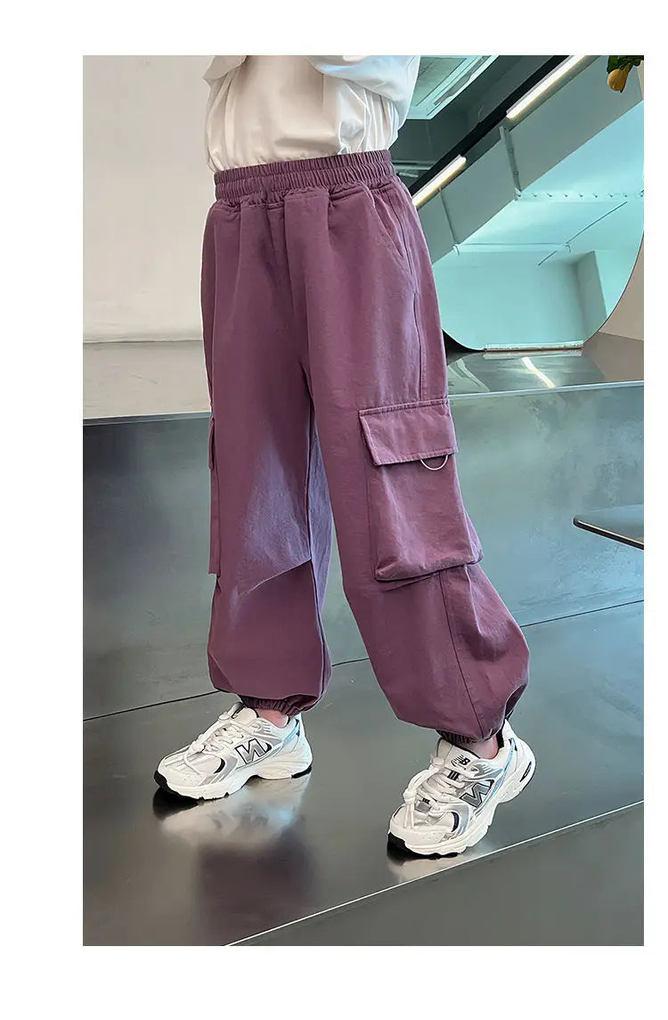 Girls Purple Casual Pants Big Children's Clothing Korean Black Cargo Long Pants Girls 2024 Spring Fashion New Cotton Trousers