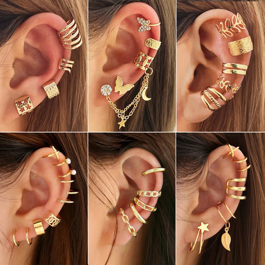 Gold Silver Color Leaves Clip Earrings for Women Creative Simple C Butterfly Ear Cuff Non-Piercing Ear Clip Set Trendy Jewelry