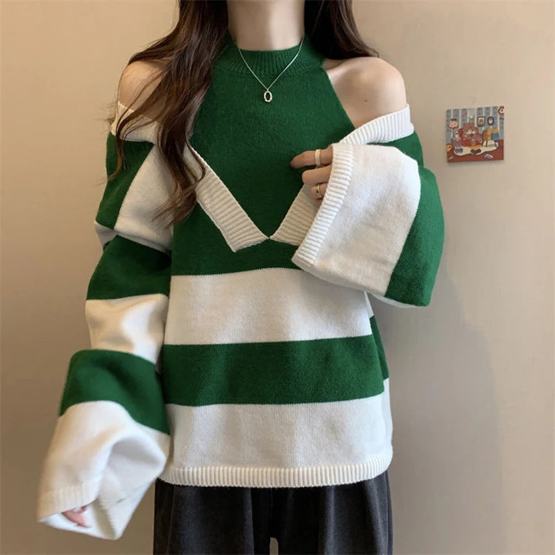 Y2K Stripe Halter Women Sweaters Korean Knitted Loose Patchwork Female Pullovers Autumn Preppy Style All Match Chic Ladies Tops