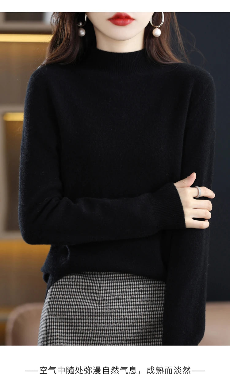 100% merino wool cashmere sweater women's sweater semi-high-necked long-sleeved pullover warm pullover in autumn and winter