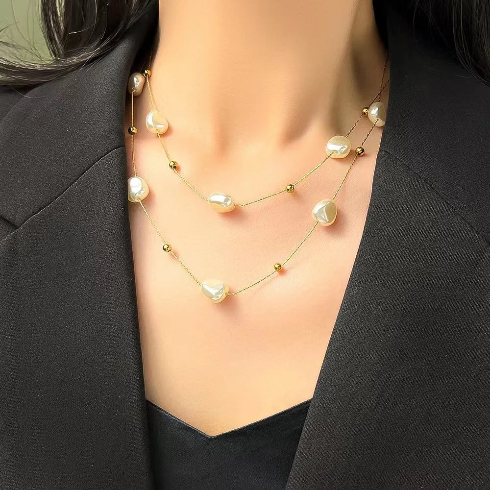 2023 New stainless steel double layer large pearl pendant necklace for women new trend girl neck jewelry chain party wedding gif