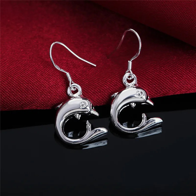 Hot Sale 925 Sterling Silver Cute Little Dolphin Drop Earrings Women Fashion Jewelry Christmas Gifts Long Earrings